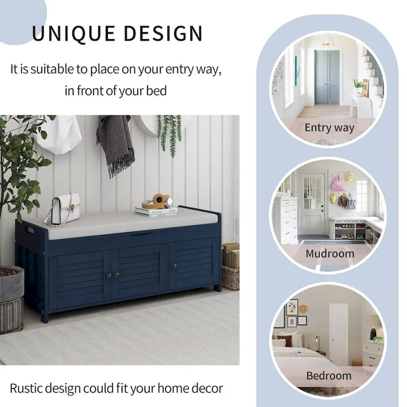 Banc de rangement avec 3 portes persiennes, coussin amovible et espace de rangement caché - 110,5 L x 40,6 l x 45,7 H cm