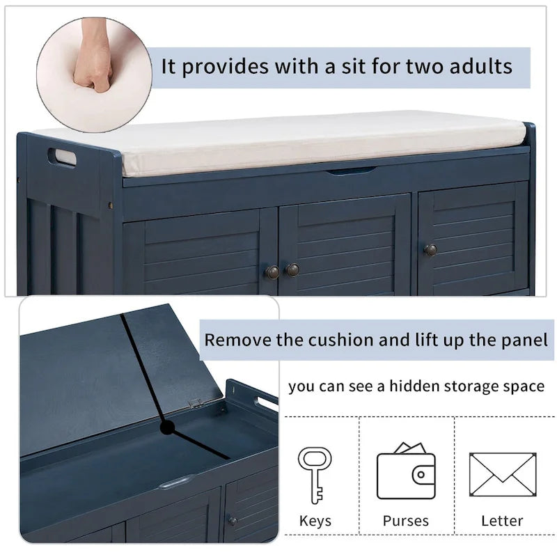 Banc de rangement avec 3 portes persiennes, coussin amovible et espace de rangement caché - 110,5 L x 40,6 l x 45,7 H cm