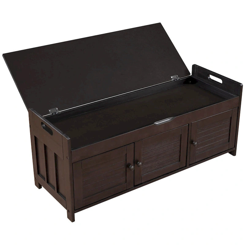 Banc de rangement avec 3 portes persiennes, coussin amovible et espace de rangement caché - 110,5 L x 40,6 l x 45,7 H cm
