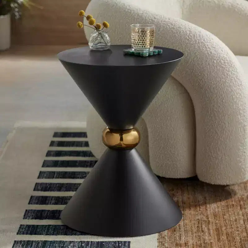 Studio 55D Midnight Table d'appoint ronde moderne en métal, sablier, 45 cm de large, anneau noir et doré pour salon