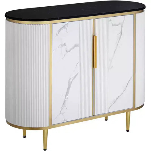 55 Downing Street Jodie Modern White Oval Console Table 38 1/4 x 15 1/4 with Storage Black Marble Tabletop for Living Room Home