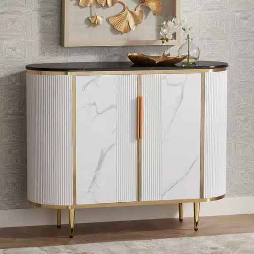 55 Downing Street Jodie Table console ovale moderne blanche 38 1/4 x 15 1/4 avec rangement, plateau en marbre noir pour salon