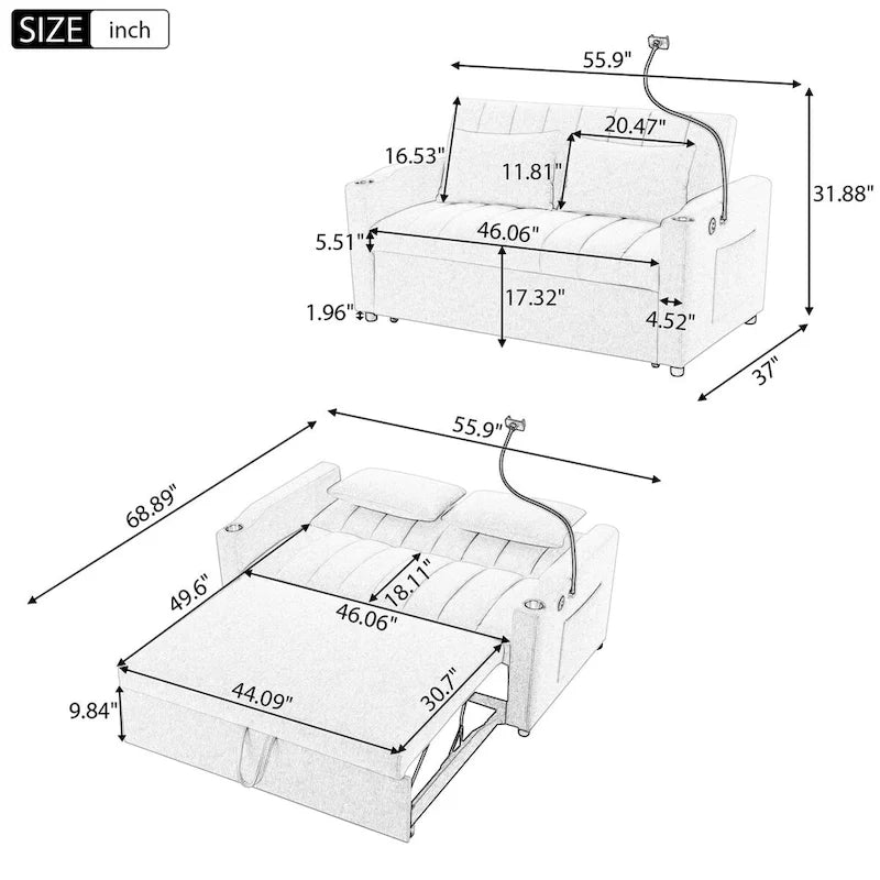 Canapé-lit convertible causeuse de 55,9 po avec trois ports USB
