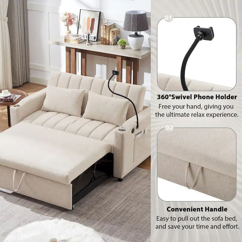 Canapé-lit convertible causeuse de 55,9 po avec trois ports USB