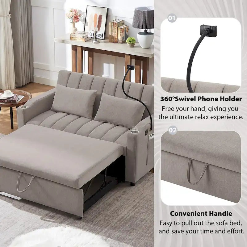 Canapé-lit convertible causeuse de 55,9 po avec trois ports USB
