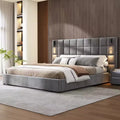 King/Queen Size Upholstered Platform Bed Frame with Wide Headboard, Reading Lamp and USB Port, Velvet, Gray - ModernLuxe