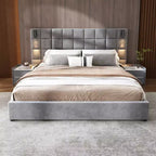 Cadre de lit plateforme rembourré King/Queen Size avec tête de lit large, lampe de lecture et port USB, velours, gris - ModernLuxe