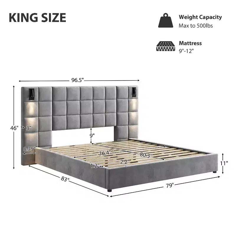 Cadre de lit plateforme rembourré King/Queen Size avec tête de lit large, lampe de lecture et port USB, velours, gris - ModernLuxe