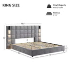 Cadre de lit plateforme rembourré King/Queen Size avec tête de lit large, lampe de lecture et port USB, velours, gris - ModernLuxe