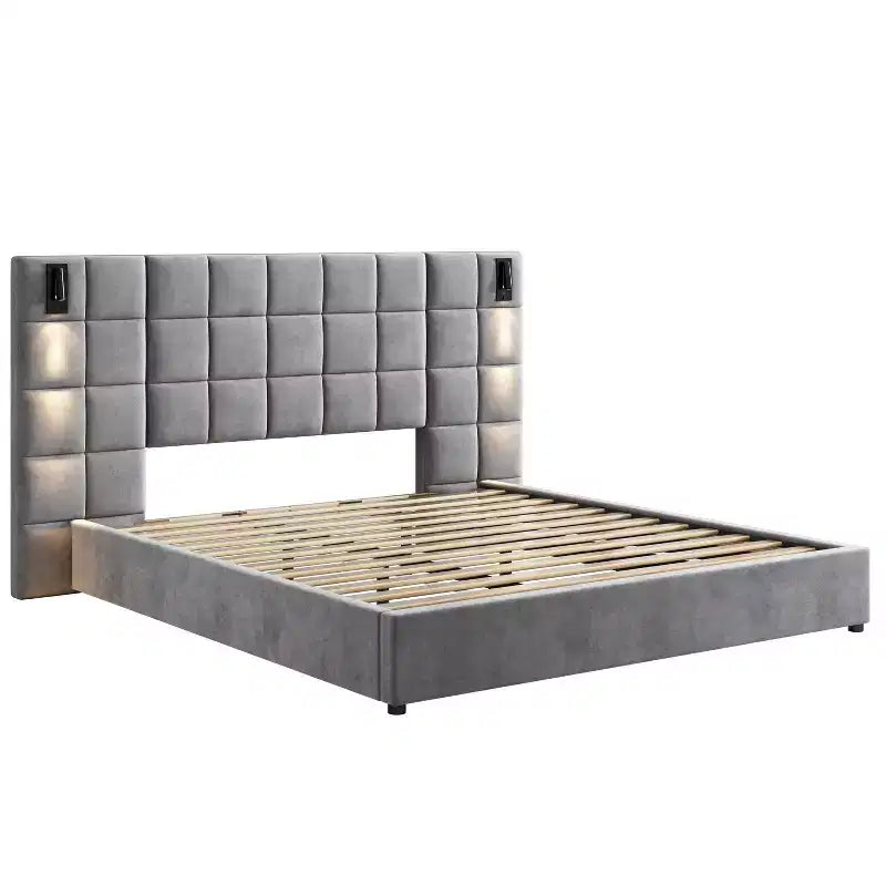Cadre de lit plateforme rembourré King/Queen Size avec tête de lit large, lampe de lecture et port USB, velours, gris - ModernLuxe