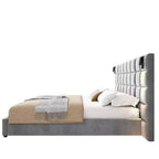 Cadre de lit plateforme rembourré King/Queen Size avec tête de lit large, lampe de lecture et port USB, velours, gris - ModernLuxe