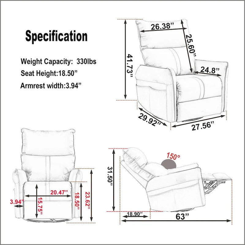 Fauteuil inclinable pivotant et berçant MERAX 270 avec ports USB