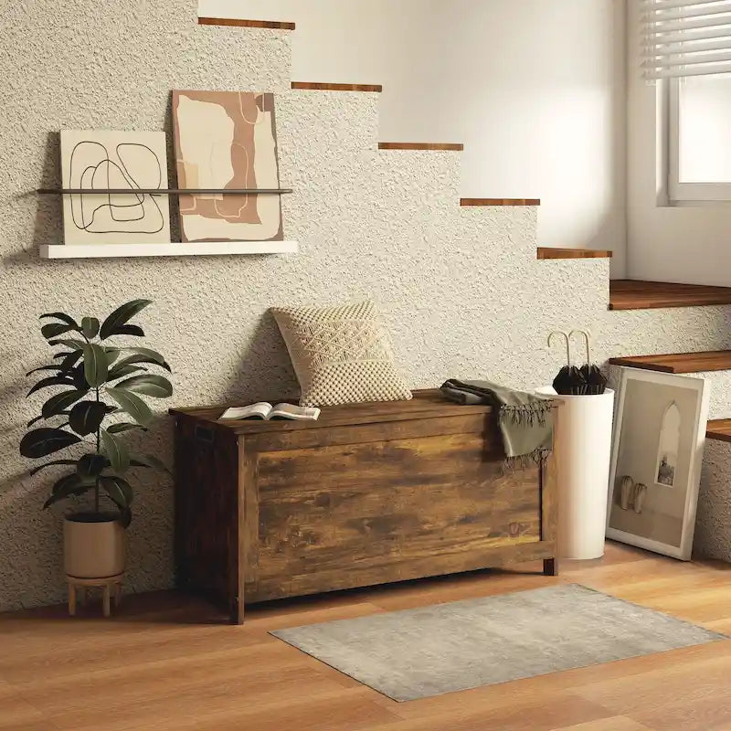 HOMCOM Coffre de rangement, Caisse en bois avec 2 charnières de sécurité et poignées découpées, Coffre de rangement moderne pour salon, entrée