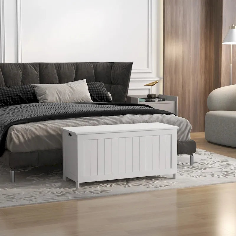 HOMCOM Coffre de rangement, Caisse en bois avec 2 charnières de sécurité et poignées découpées, Coffre de rangement moderne pour salon, entrée