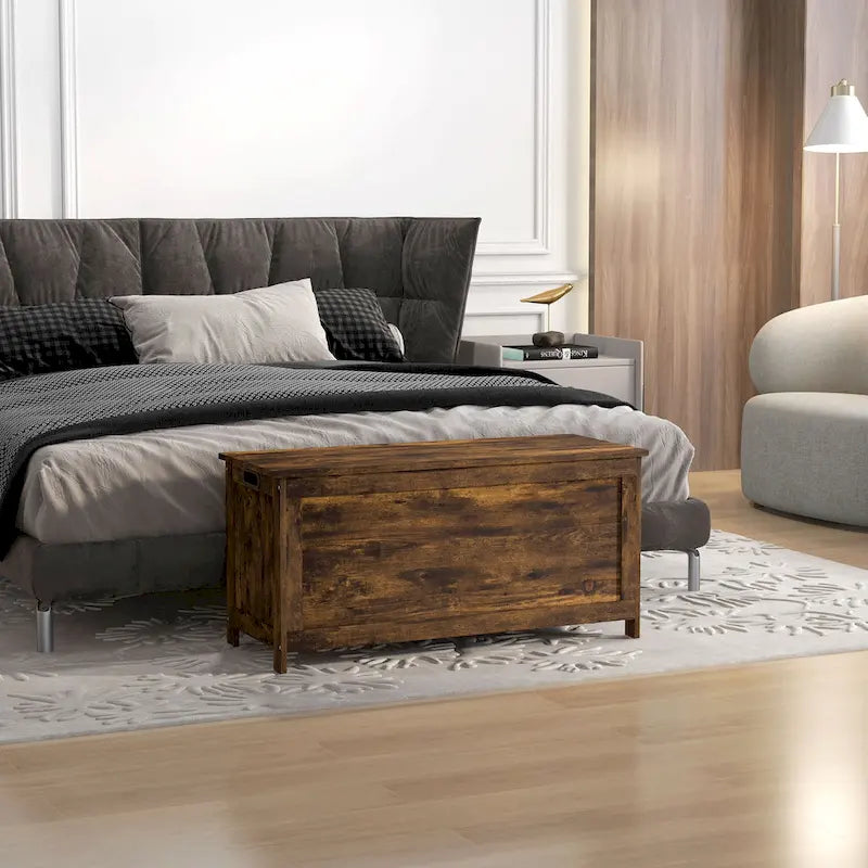 HOMCOM Coffre de rangement, Caisse en bois avec 2 charnières de sécurité et poignées découpées, Coffre de rangement moderne pour salon, entrée