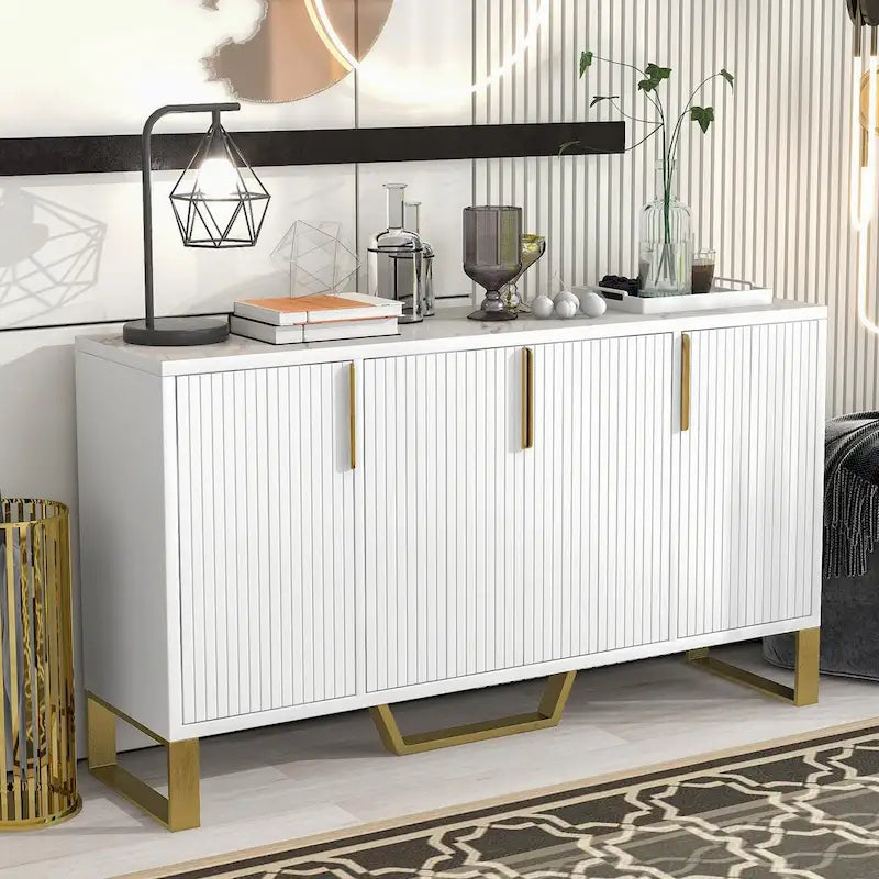 Buffet moderne avec quatre portes, poignées et pieds en métal et étagères réglables - Meuble de cuisine