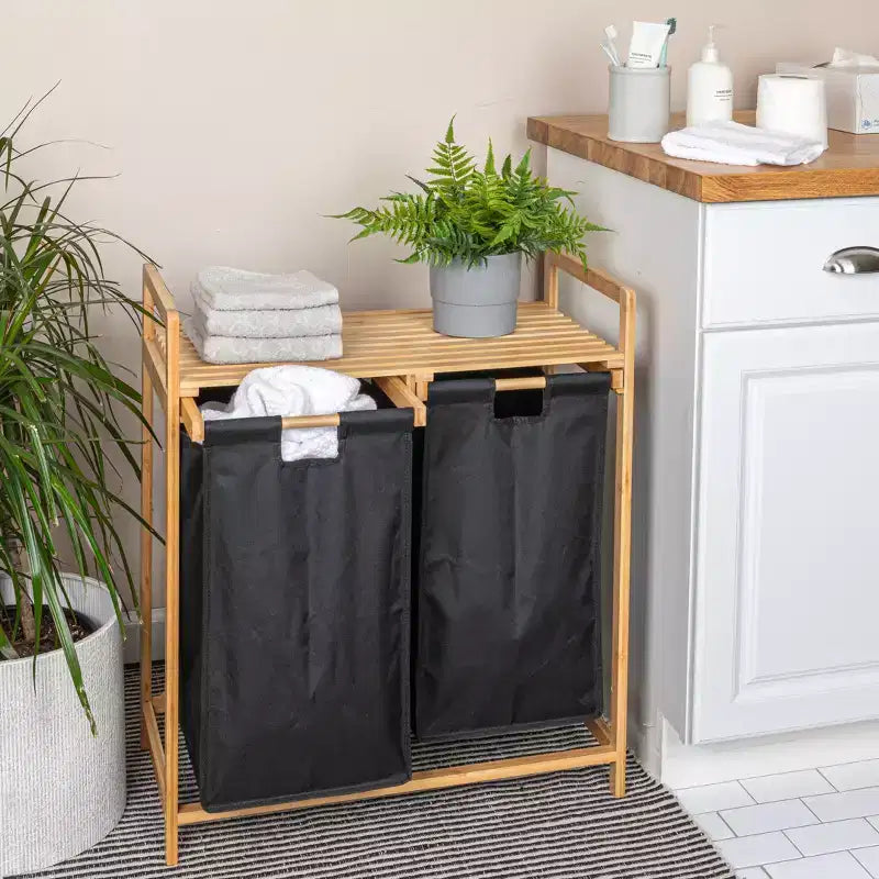 Double panier à linge coulissant en bambou avec étagère, naturel et noir