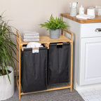 Double panier à linge coulissant en bambou avec étagère, naturel et noir