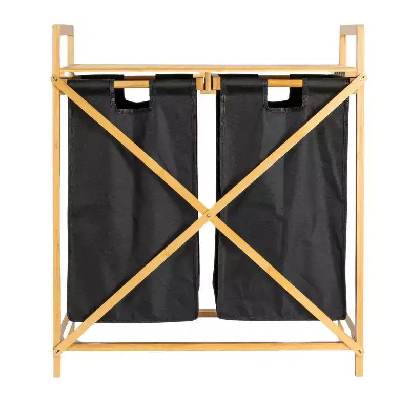 Double panier à linge coulissant en bambou avec étagère, naturel et noir
