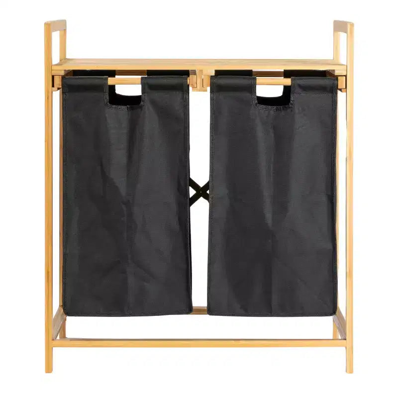 Double panier à linge coulissant en bambou avec étagère, naturel et noir
