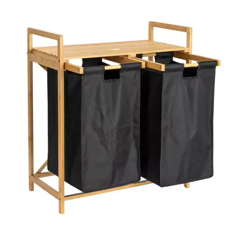 Double panier à linge coulissant en bambou avec étagère, naturel et noir