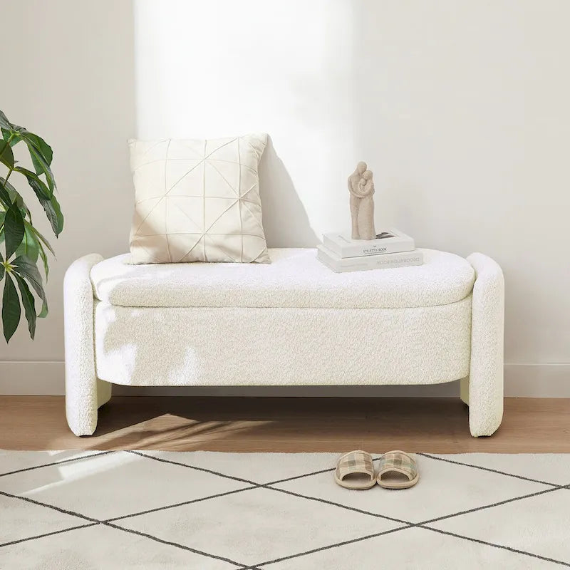 Banc de rangement ottoman ovale 3D en tissu polaire d'agneau, avec grand espace de rangement pour le salon, l'entrée et la chambre à coucher