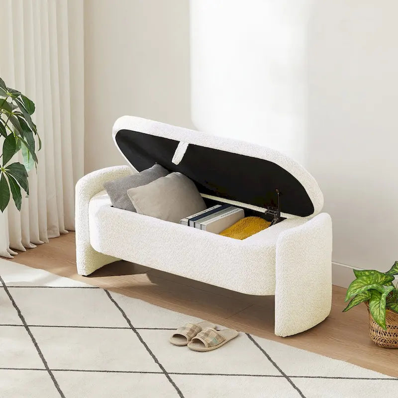 Banc de rangement ottoman ovale 3D en tissu polaire d'agneau, avec grand espace de rangement pour le salon, l'entrée et la chambre à coucher