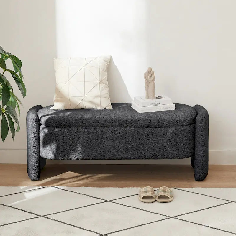 Banc de rangement ottoman ovale 3D en tissu polaire d'agneau, avec grand espace de rangement pour le salon, l'entrée et la chambre à coucher