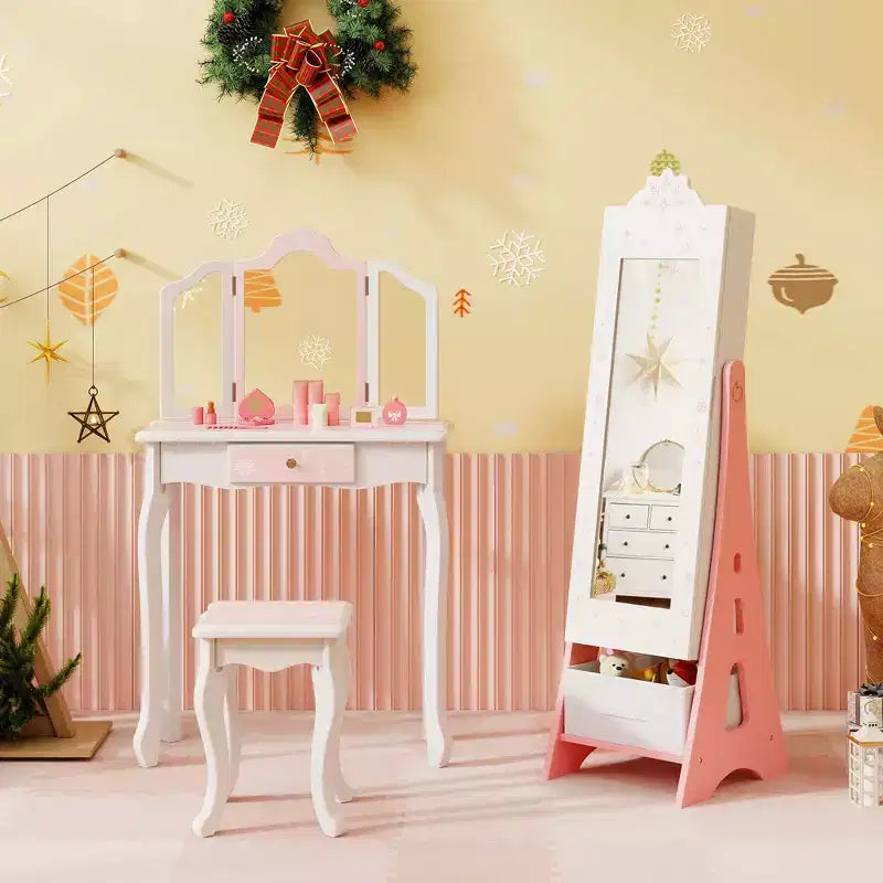 Coiffeuse pour enfants Costway avec tabouret et armoire à bijoux pour princesse, blanc/rose