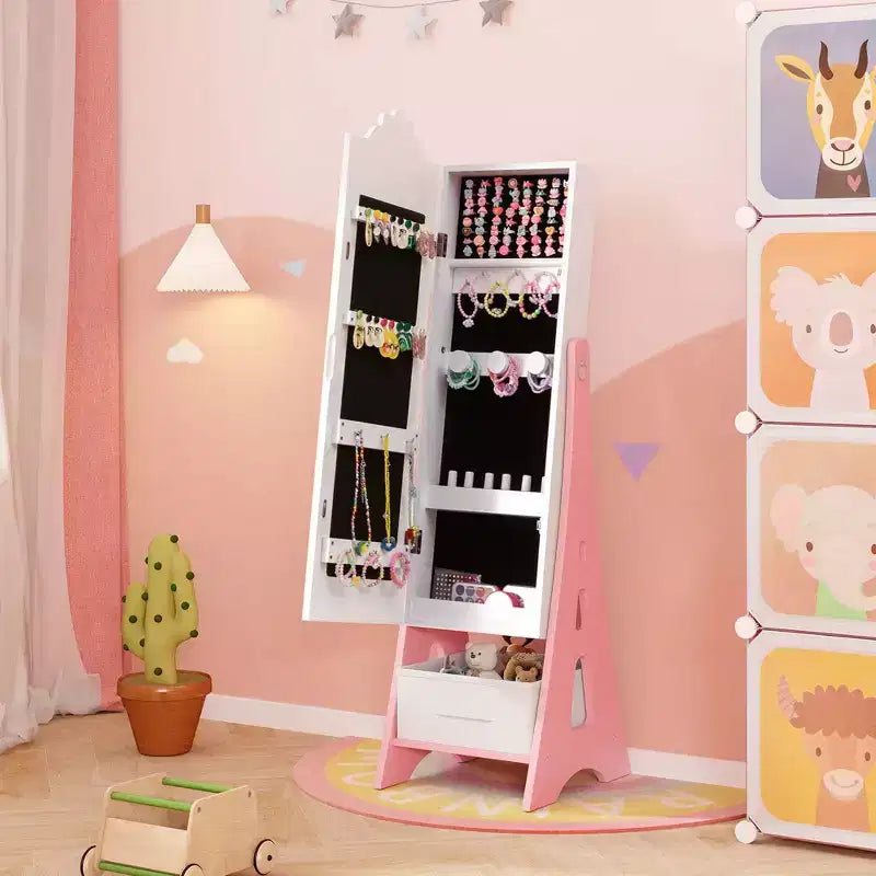 Coiffeuse pour enfants Costway avec tabouret et armoire à bijoux pour princesse, blanc/rose