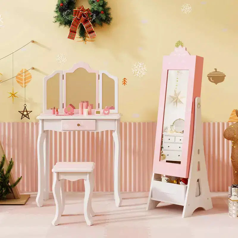 Coiffeuse pour enfants Costway avec tabouret et armoire à bijoux pour princesse, blanc/rose