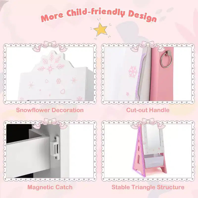 Coiffeuse pour enfants Costway avec tabouret et armoire à bijoux pour princesse, blanc/rose