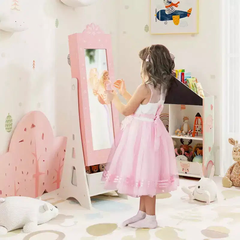Coiffeuse pour enfants Costway avec tabouret et armoire à bijoux pour princesse, blanc/rose