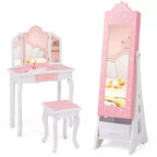 Costway Kids Vanity Set Princess Makeup Dressing Table & Chair Set with Jewelry Armoire White/Pink