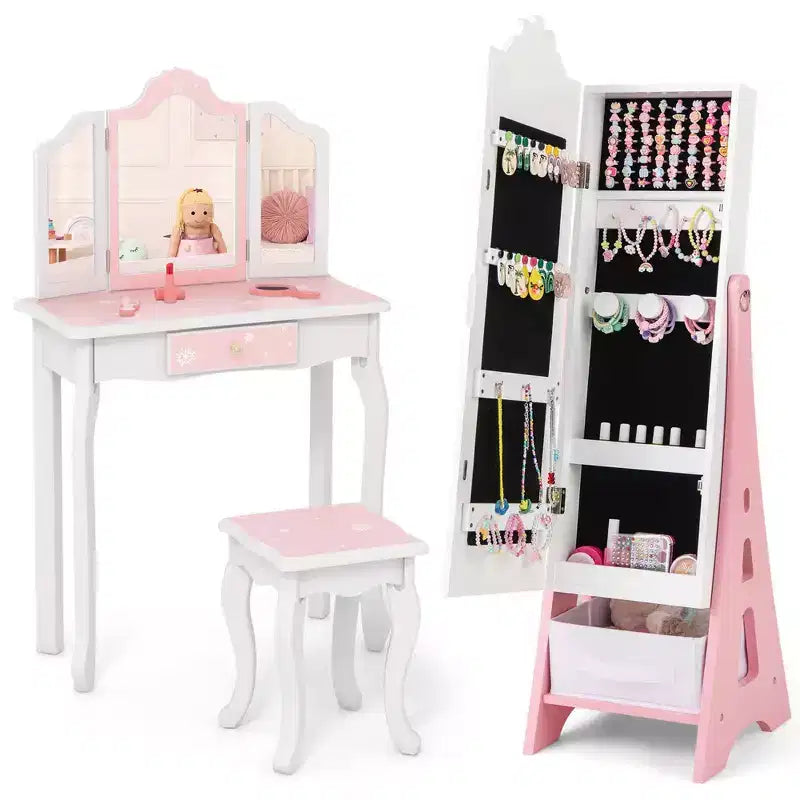 Coiffeuse pour enfants Costway avec tabouret et armoire à bijoux pour princesse, blanc/rose