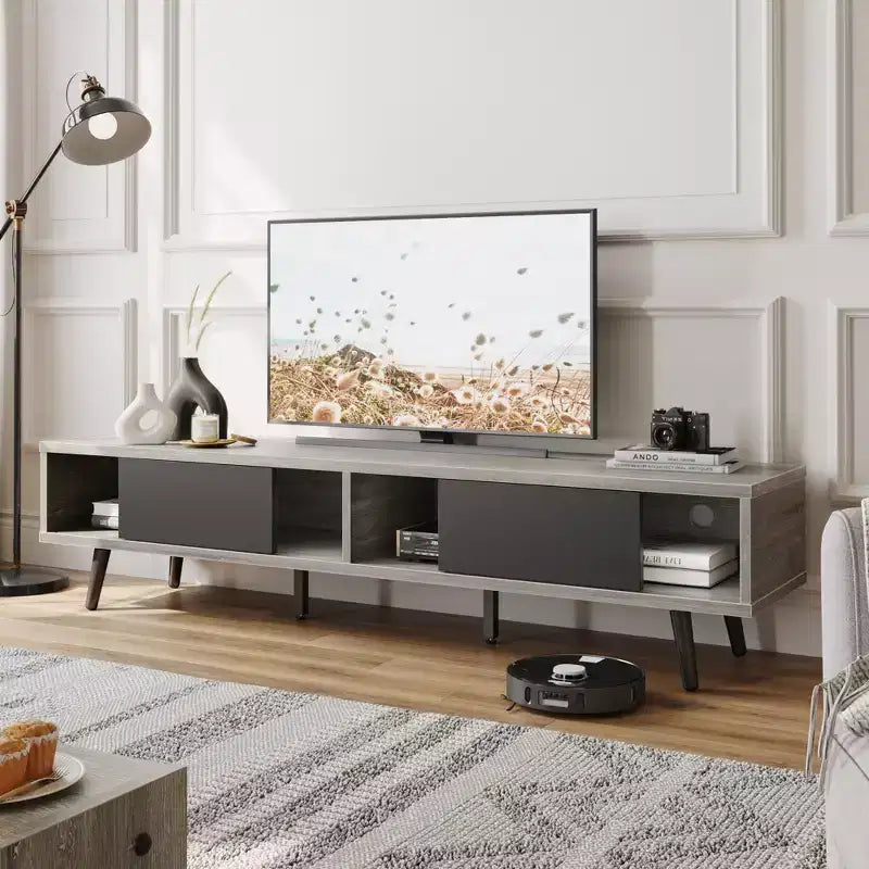 Meuble TV Bestier de 70 pouces, style Mid-Century Modern, pour téléviseurs de 65/70/75 pouces, meuble bas de divertissement avec portes coulissantes pour salon