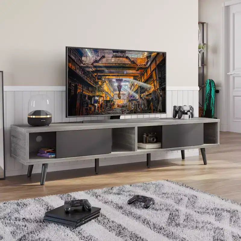 Meuble TV Bestier de 70 pouces, style Mid-Century Modern, pour téléviseurs de 65/70/75 pouces, meuble bas de divertissement avec portes coulissantes pour salon