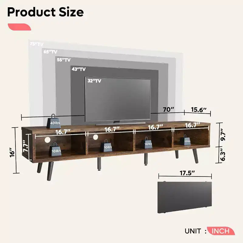 Meuble TV Bestier de 70 pouces, style Mid-Century Modern, pour téléviseurs de 65/70/75 pouces, meuble bas de divertissement avec portes coulissantes pour salon