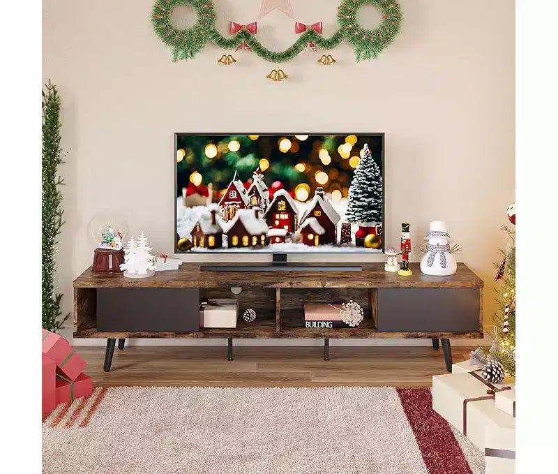 Meuble TV Bestier de 70 pouces, style Mid-Century Modern, pour téléviseurs de 65/70/75 pouces, meuble bas de divertissement avec portes coulissantes pour salon