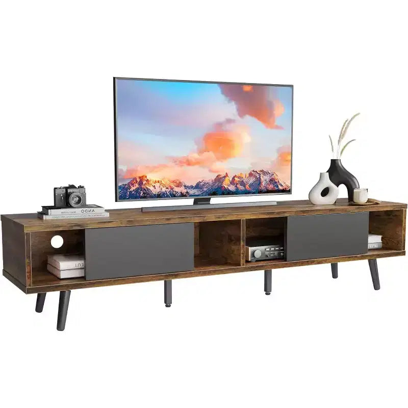 Meuble TV Bestier de 70 pouces, style Mid-Century Modern, pour téléviseurs de 65/70/75 pouces, meuble bas de divertissement avec portes coulissantes pour salon