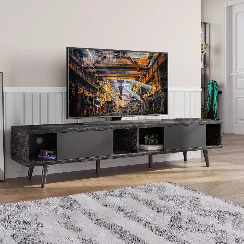 Meuble TV Bestier de 70 pouces, style Mid-Century Modern, pour téléviseurs de 65/70/75 pouces, meuble bas de divertissement avec portes coulissantes pour salon