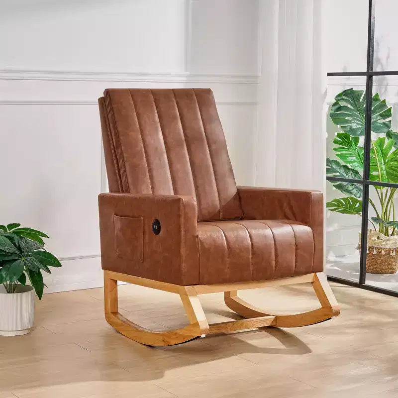 VECELO Fauteuil à bascule moderne avec port USB et poche latérale, fauteuil à bascule rembourré en similicuir pour salon et balcon