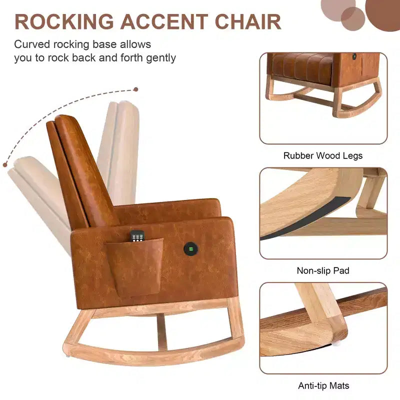 VECELO Fauteuil à bascule moderne avec port USB et poche latérale, fauteuil à bascule rembourré en similicuir pour salon et balcon