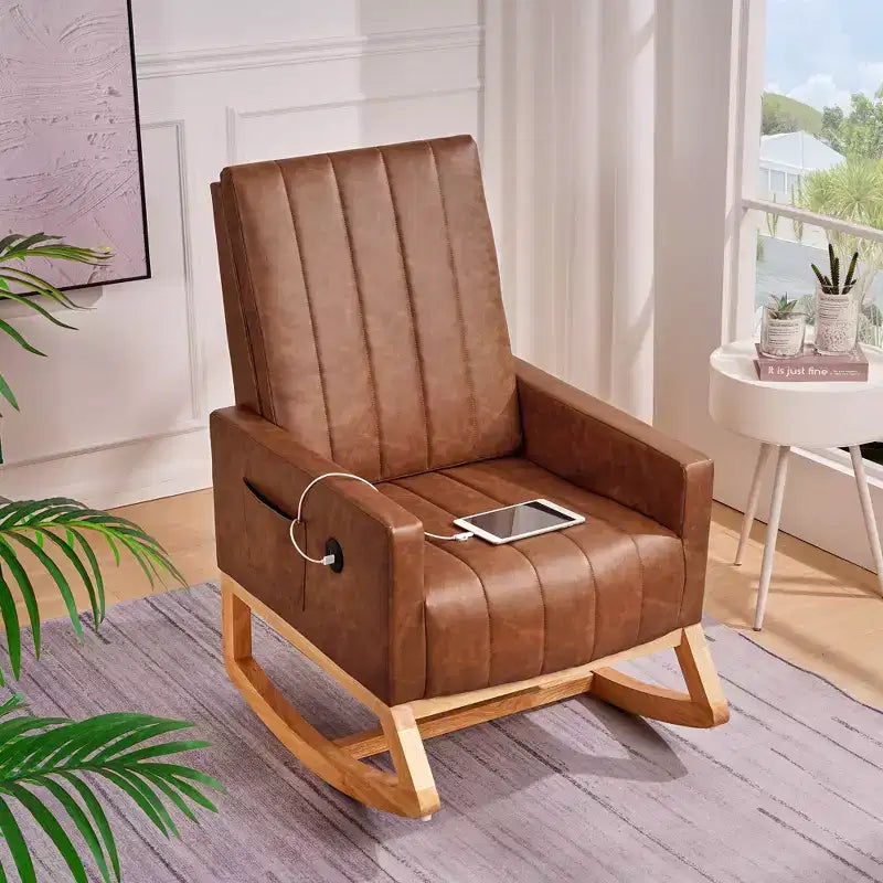 VECELO Fauteuil à bascule moderne avec port USB et poche latérale, fauteuil à bascule rembourré en similicuir pour salon et balcon