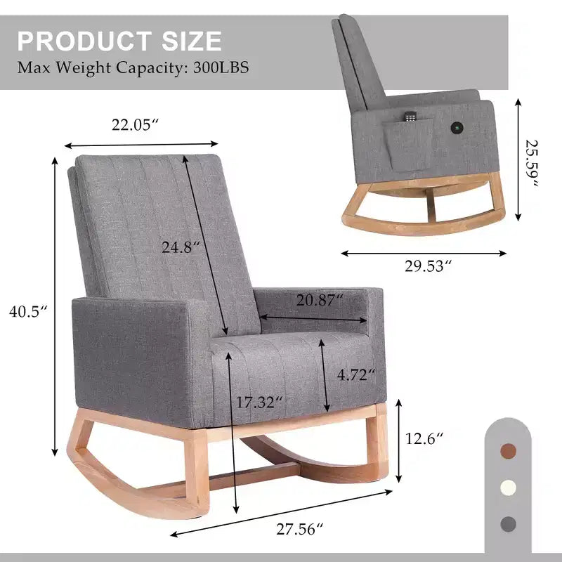 VECELO Fauteuil à bascule moderne avec port USB et poche latérale, fauteuil à bascule rembourré en similicuir pour salon et balcon