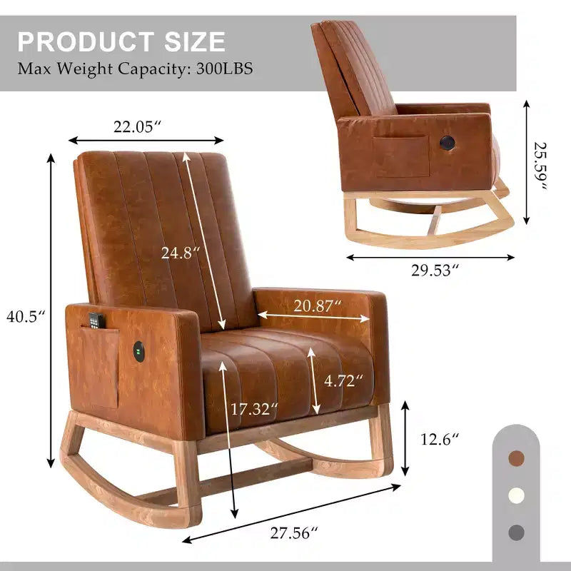 VECELO Fauteuil à bascule moderne avec port USB et poche latérale, fauteuil à bascule rembourré en similicuir pour salon et balcon