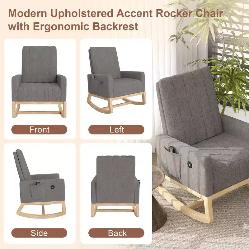 VECELO Fauteuil à bascule moderne avec port USB et poche latérale, fauteuil à bascule rembourré en similicuir pour salon et balcon