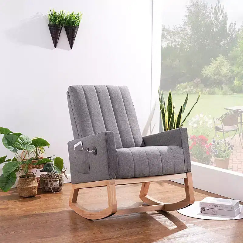 VECELO Fauteuil à bascule moderne avec port USB et poche latérale, fauteuil à bascule rembourré en similicuir pour salon et balcon