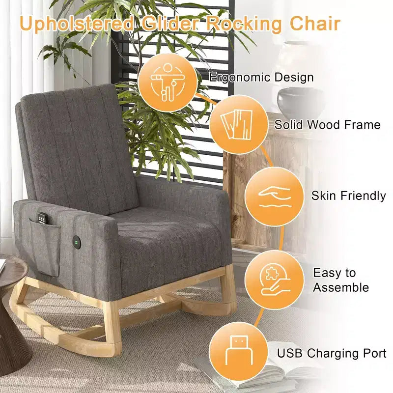 VECELO Fauteuil à bascule moderne avec port USB et poche latérale, fauteuil à bascule rembourré en similicuir pour salon et balcon