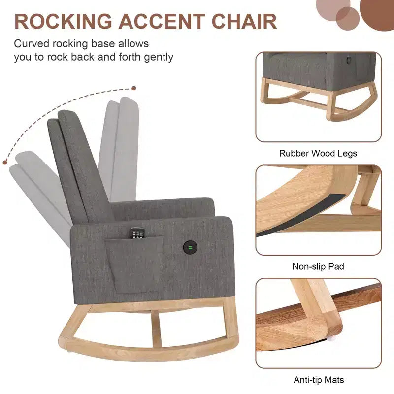 VECELO Fauteuil à bascule moderne avec port USB et poche latérale, fauteuil à bascule rembourré en similicuir pour salon et balcon